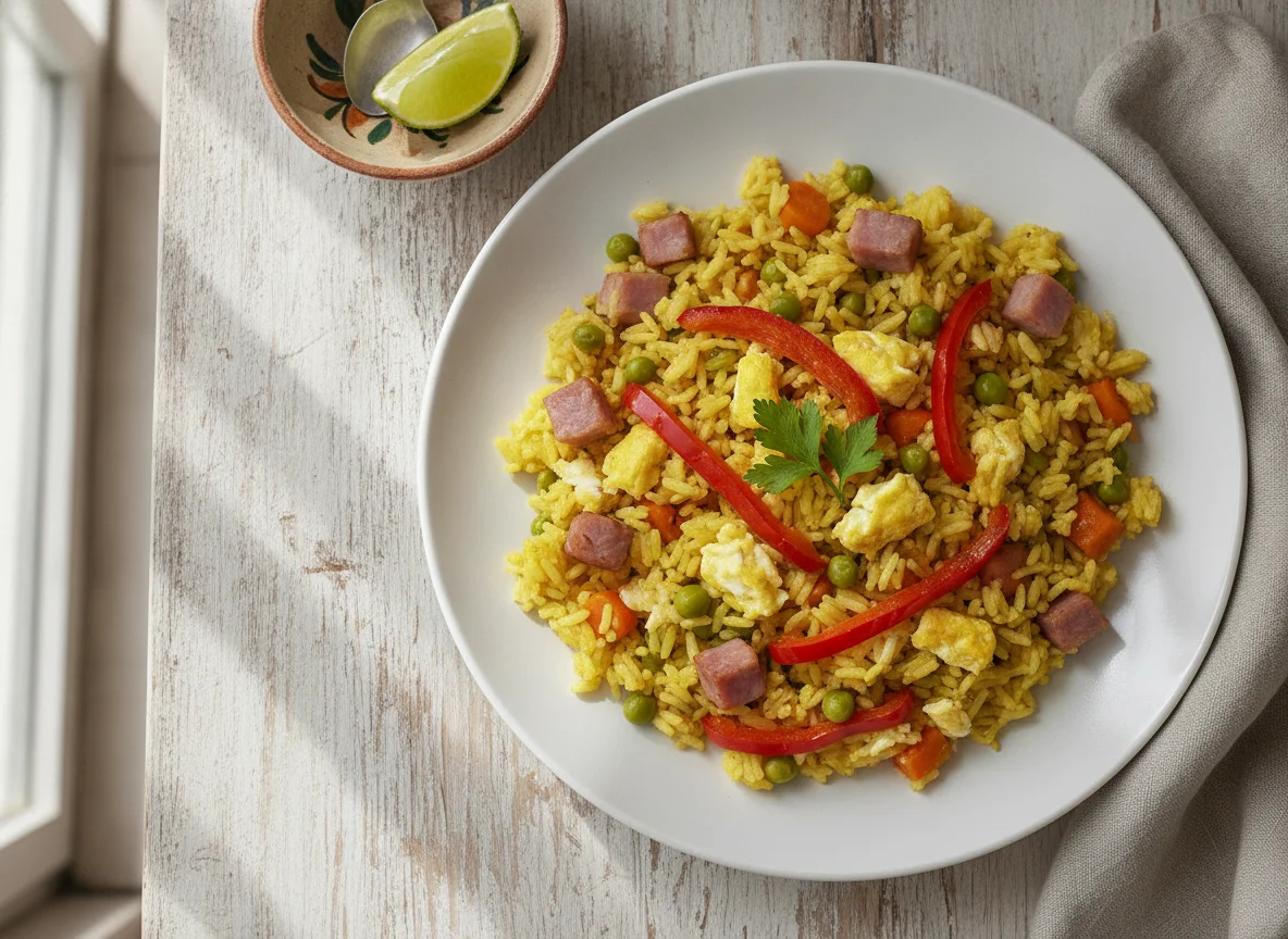 Arroz con jamón y vegetales photo