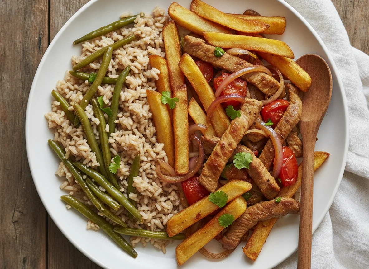 Arroz con judías verdes y lomo saltado photo