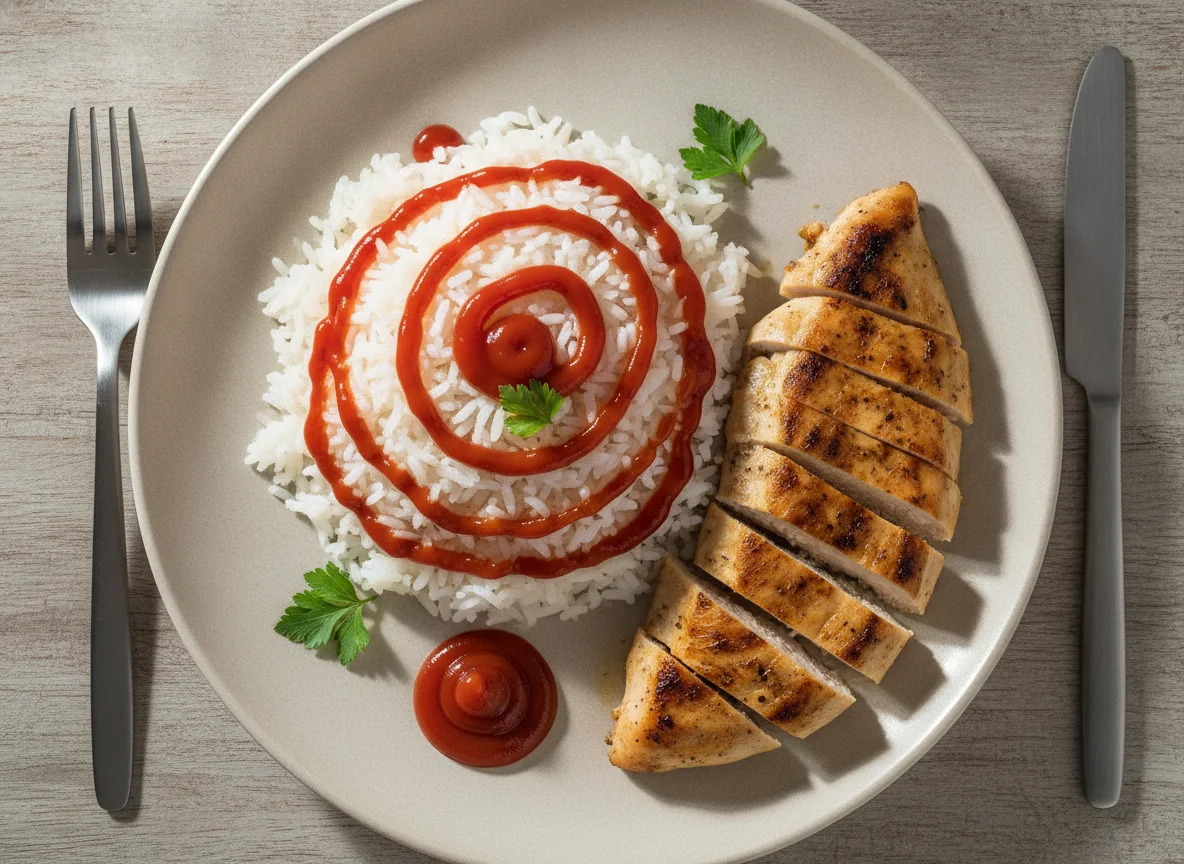 Arroz con ketchup y pechuga de pollo photo