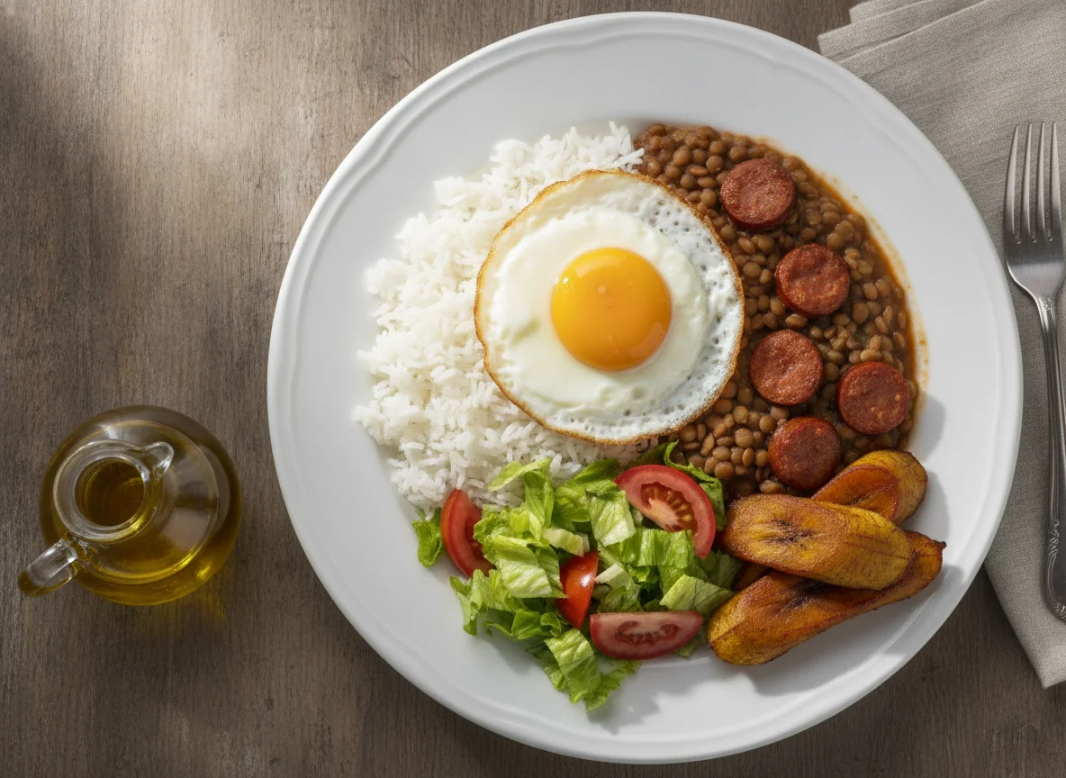Arroz con lentejas, huevo frito, ensalada y plátano maduro photo