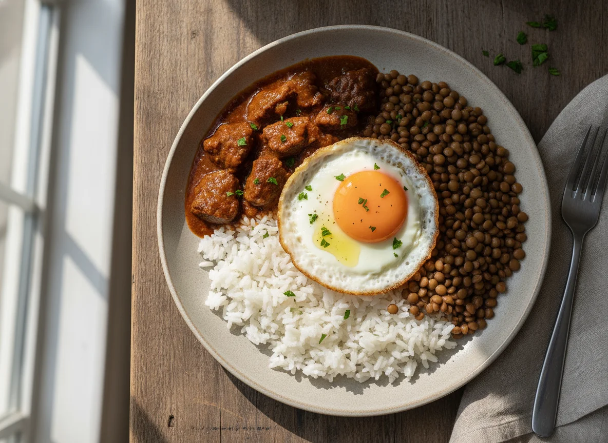Arroz con lentejas, huevo frito y estofado de carne photo
