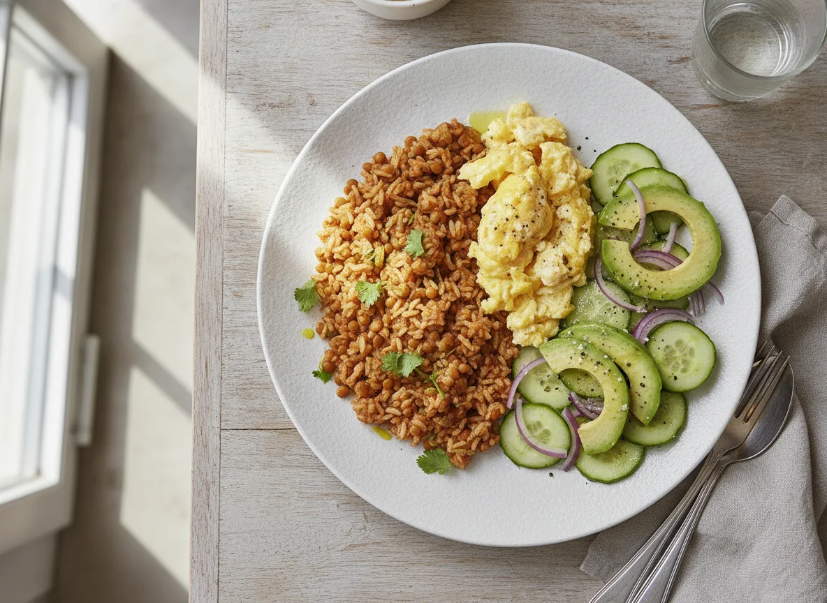 Arroz con lentejas, huevos revueltos y ensalada de pepino con aguacate photo