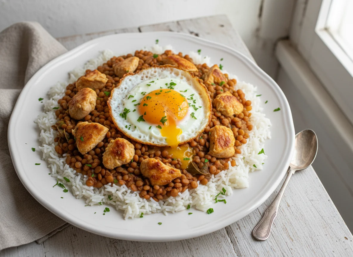 Arroz con lentejas, pollo y huevo frito photo