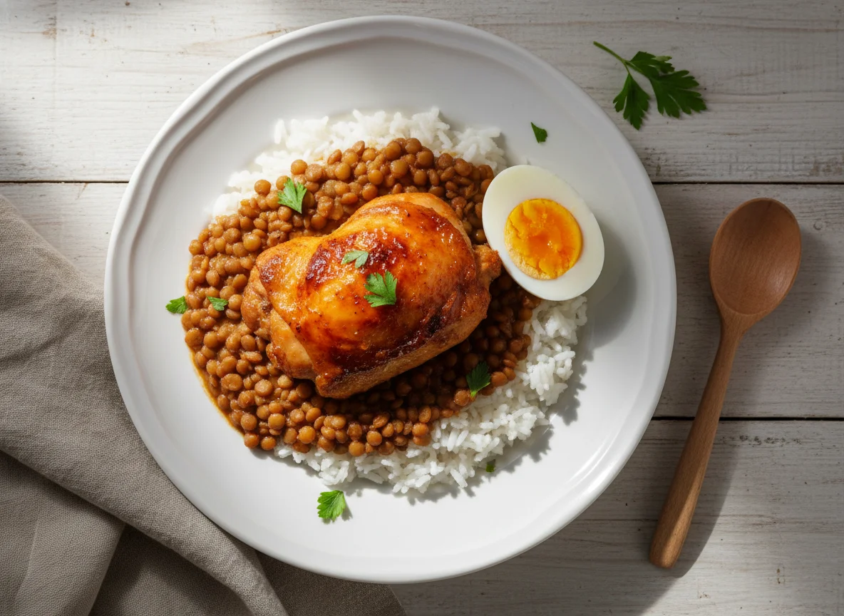 Arroz con lentejas, pollo y huevos photo