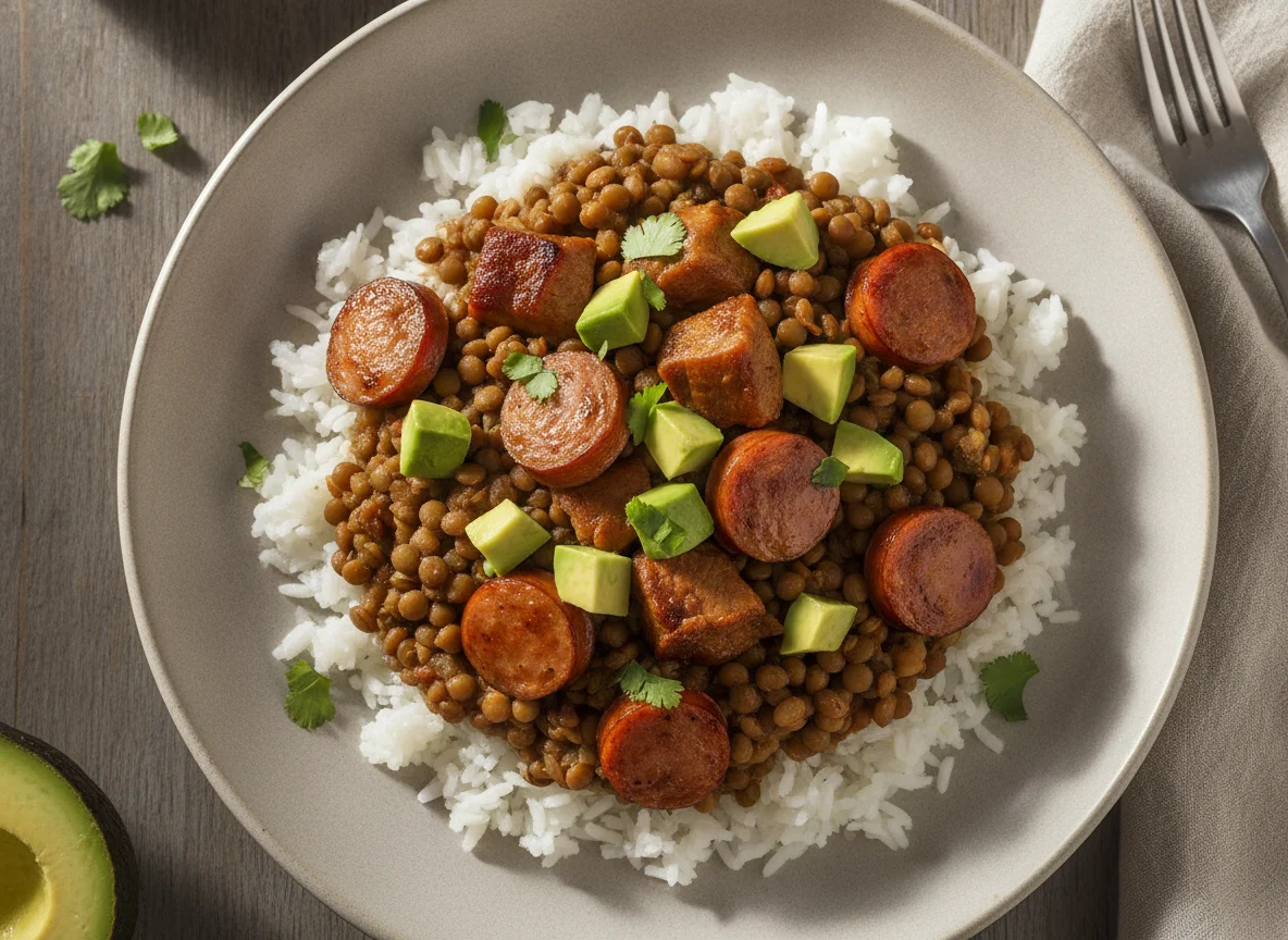 Arroz con lentejas, salchicha y aguacate photo