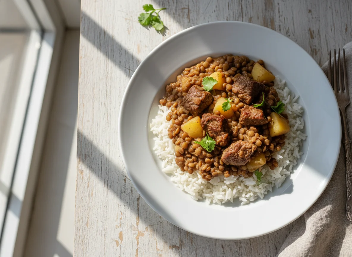 Arroz con lentejas y carne photo