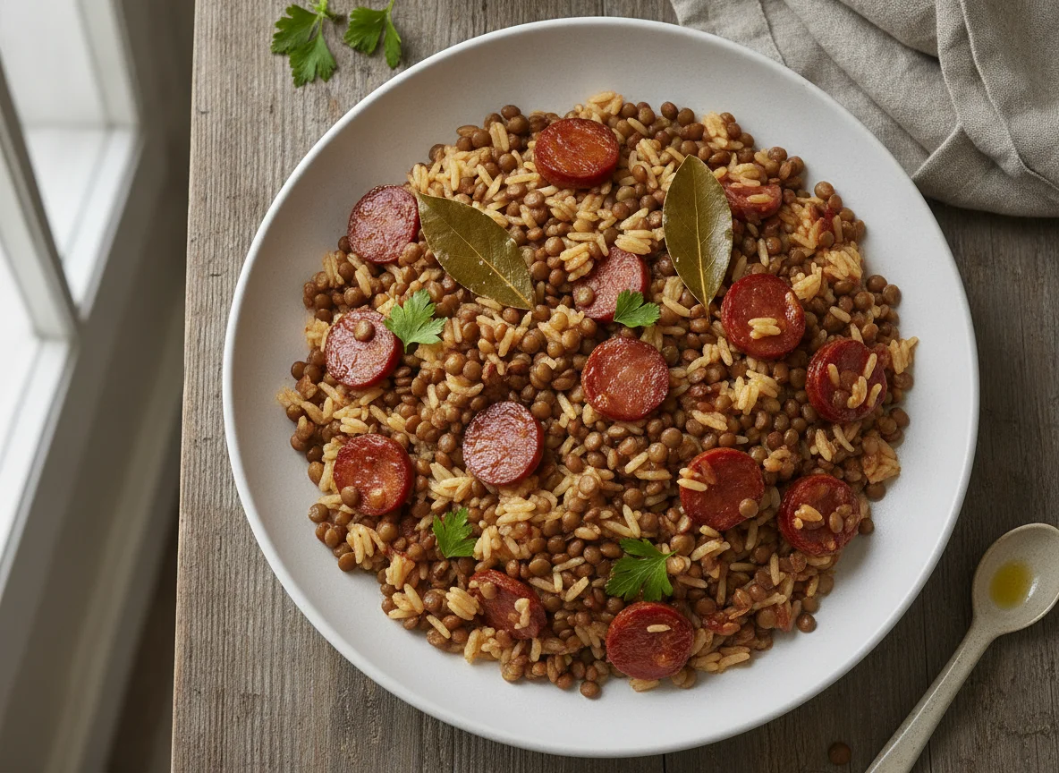 Arroz con lentejas y chorizo photo