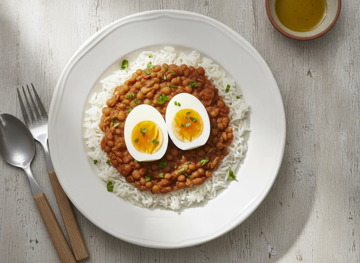 Arroz con lentejas y huevos duros photo