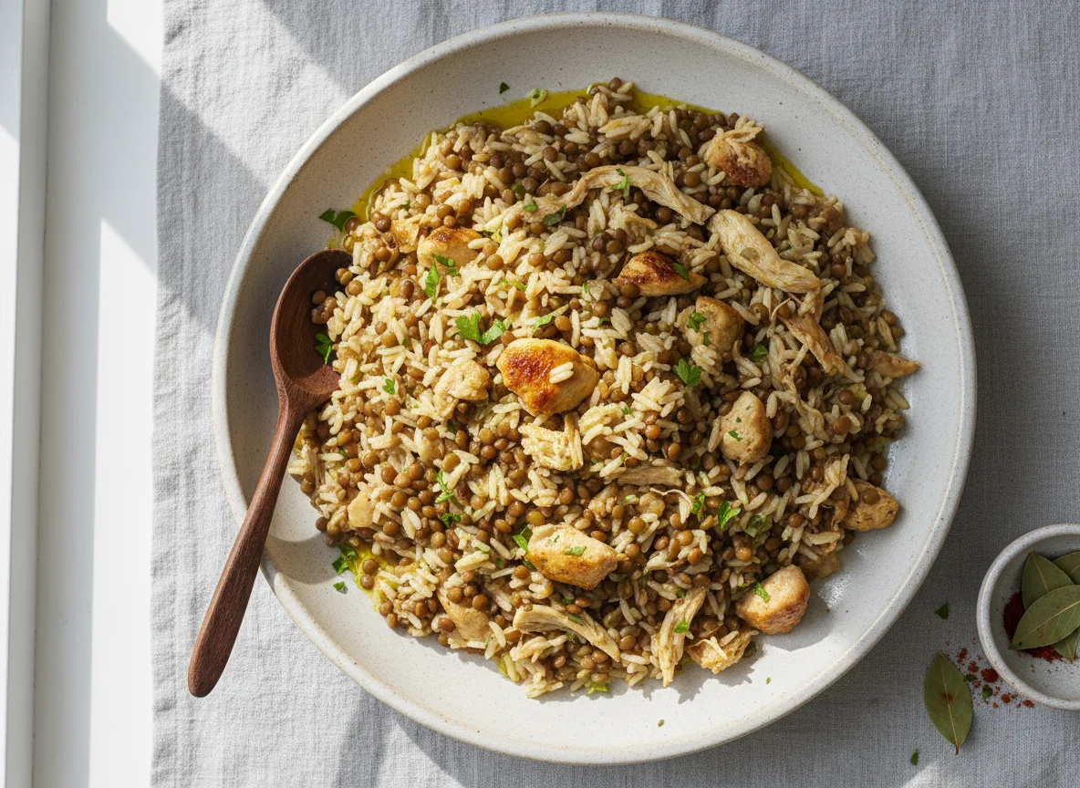 Arroz con lentejas y pollo photo