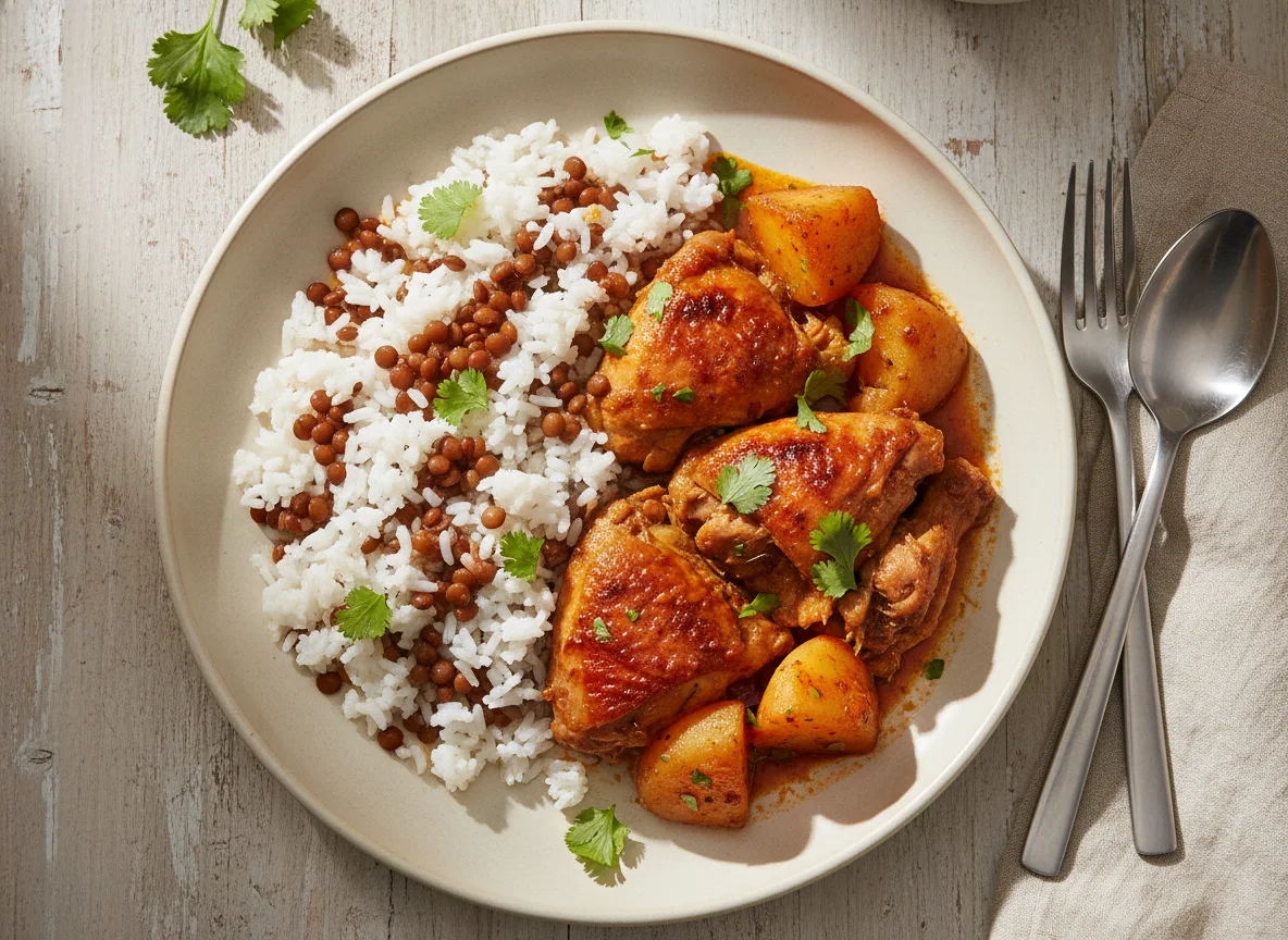 Arroz con lentejas y pollo con papas photo