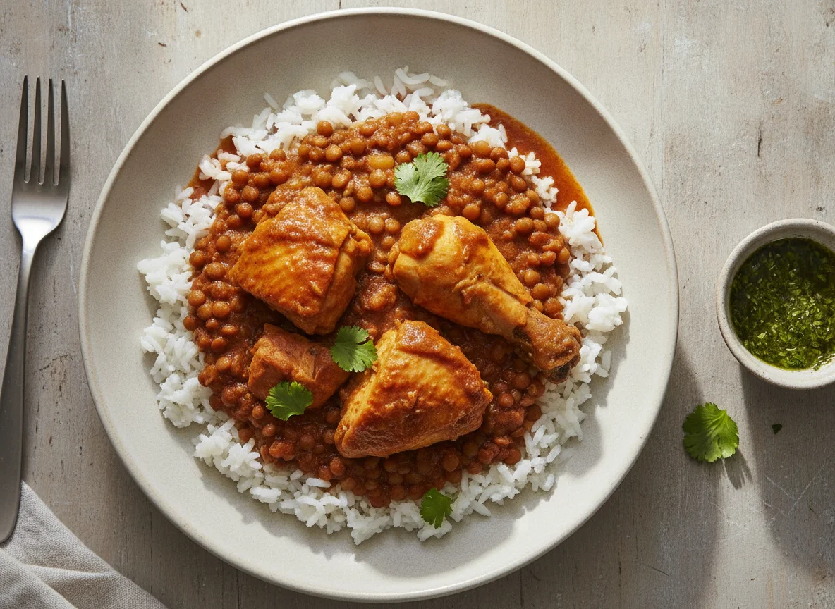 Arroz con lentejas y pollo guisado photo