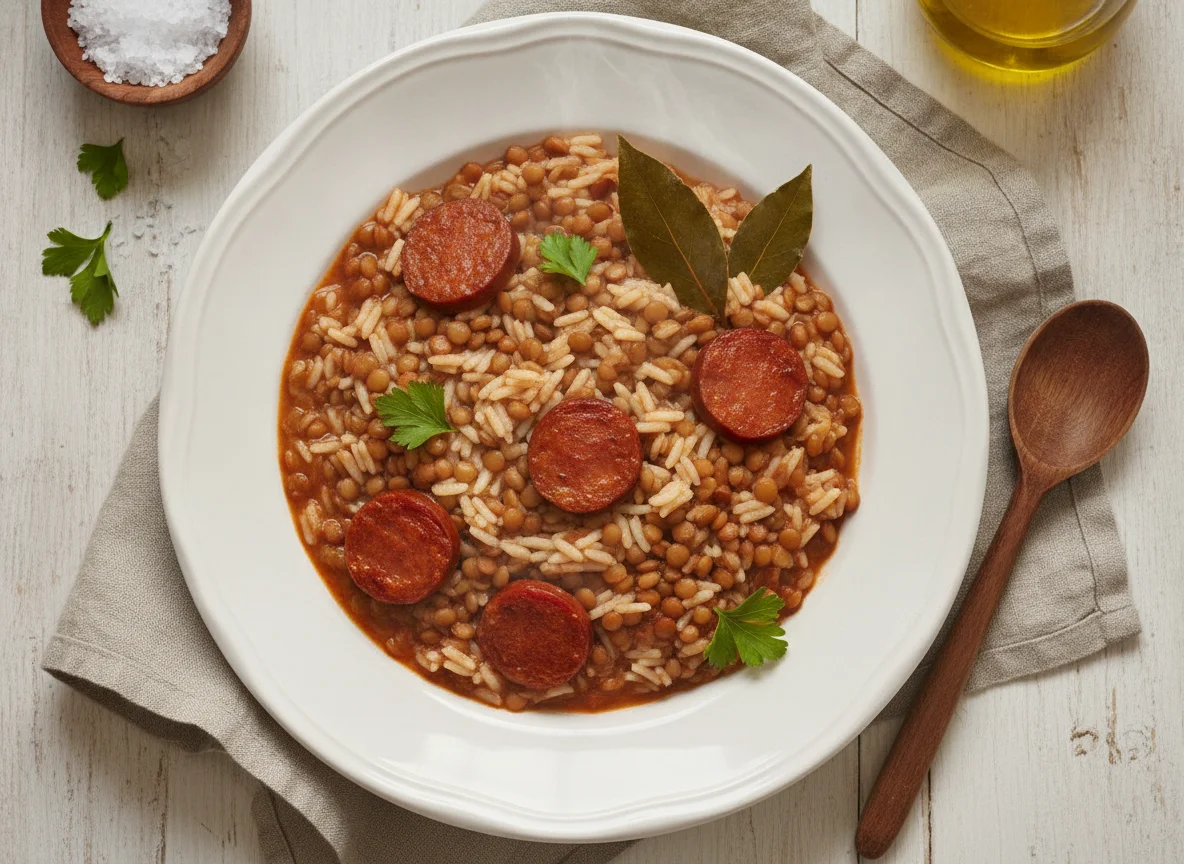 Arroz con lentejas y salchicha photo