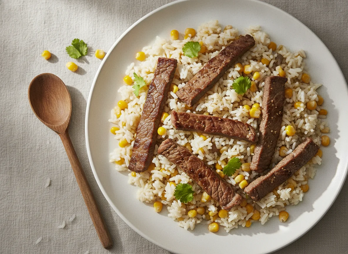 Arroz con maíz y carne photo