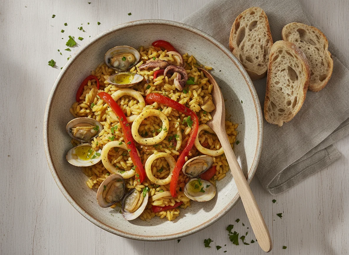 Arroz con marisco y pan sin gluten photo