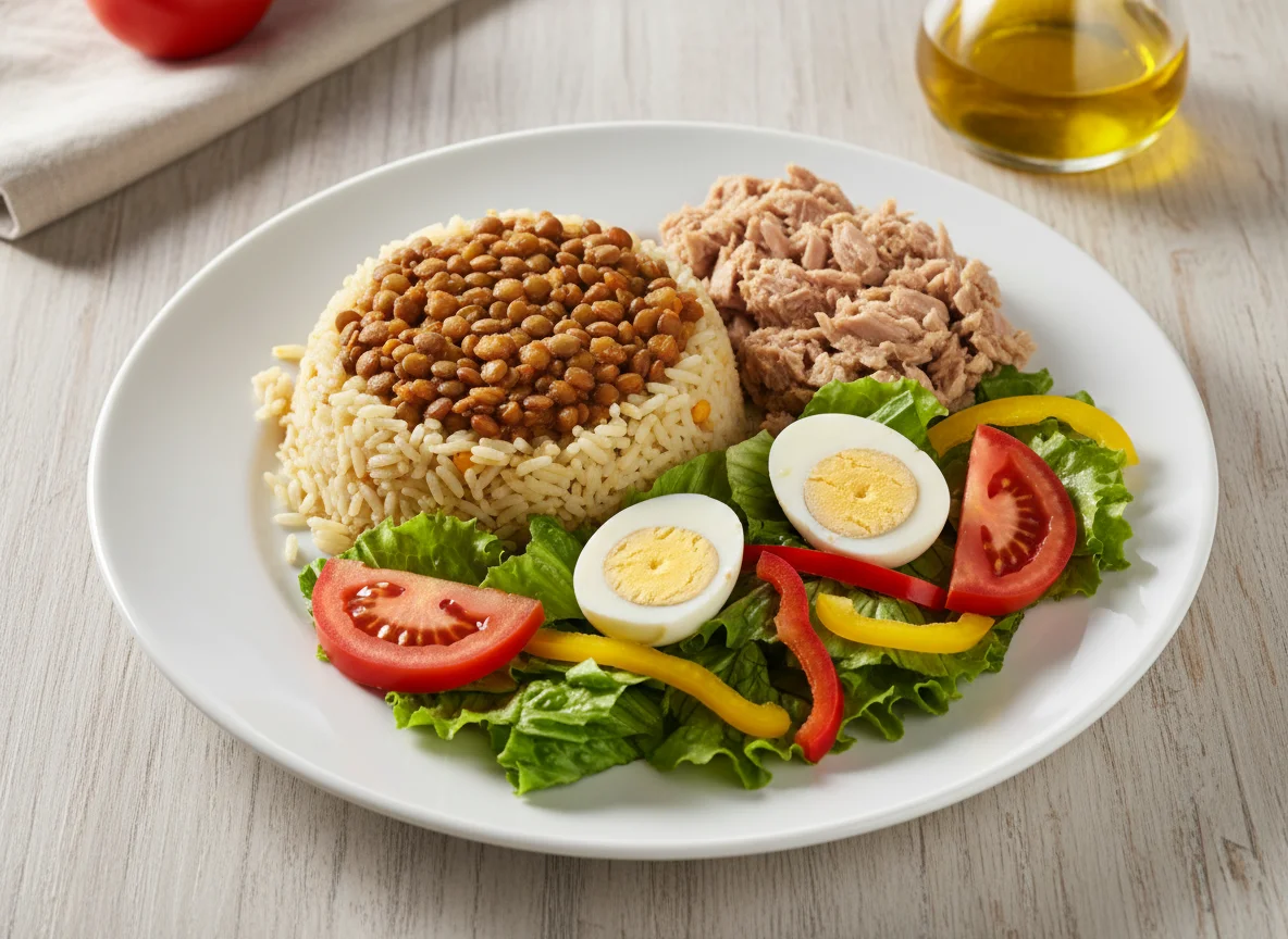 Arroz con menestra, atún y ensalada photo