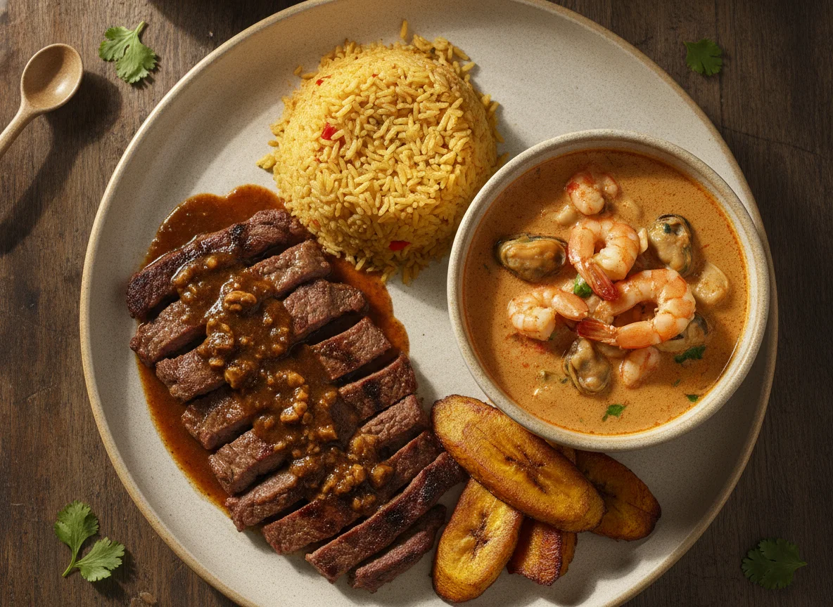 Arroz con menestra, carne asada y cazuela de mariscos photo