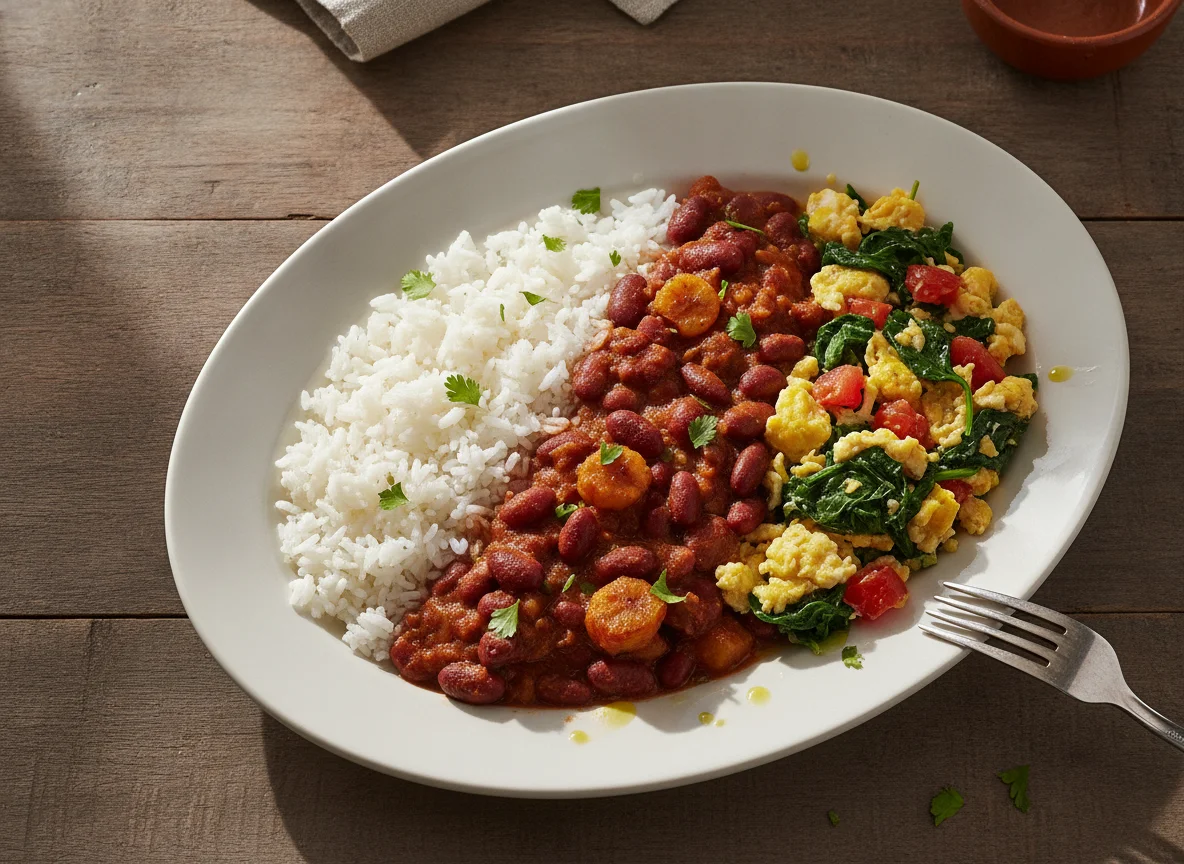 Arroz con menestra de fréjol y huevos revueltos con vegetales photo