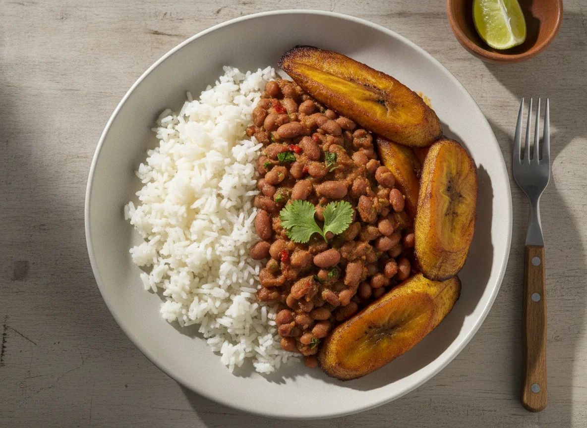 Arroz con menestra de frejol y maduro photo