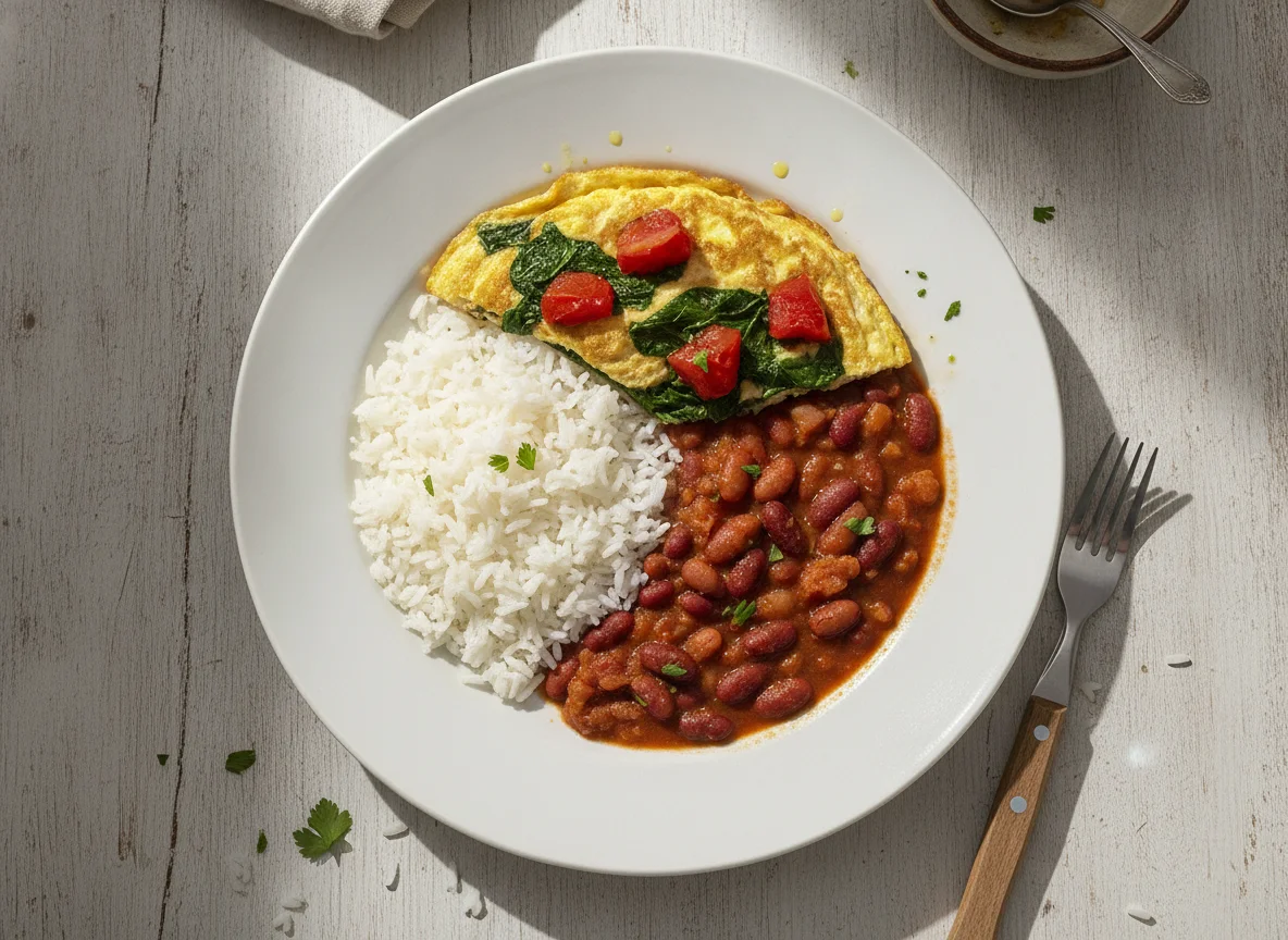 Arroz con menestra de fréjol y tortilla de huevo con vegetales photo