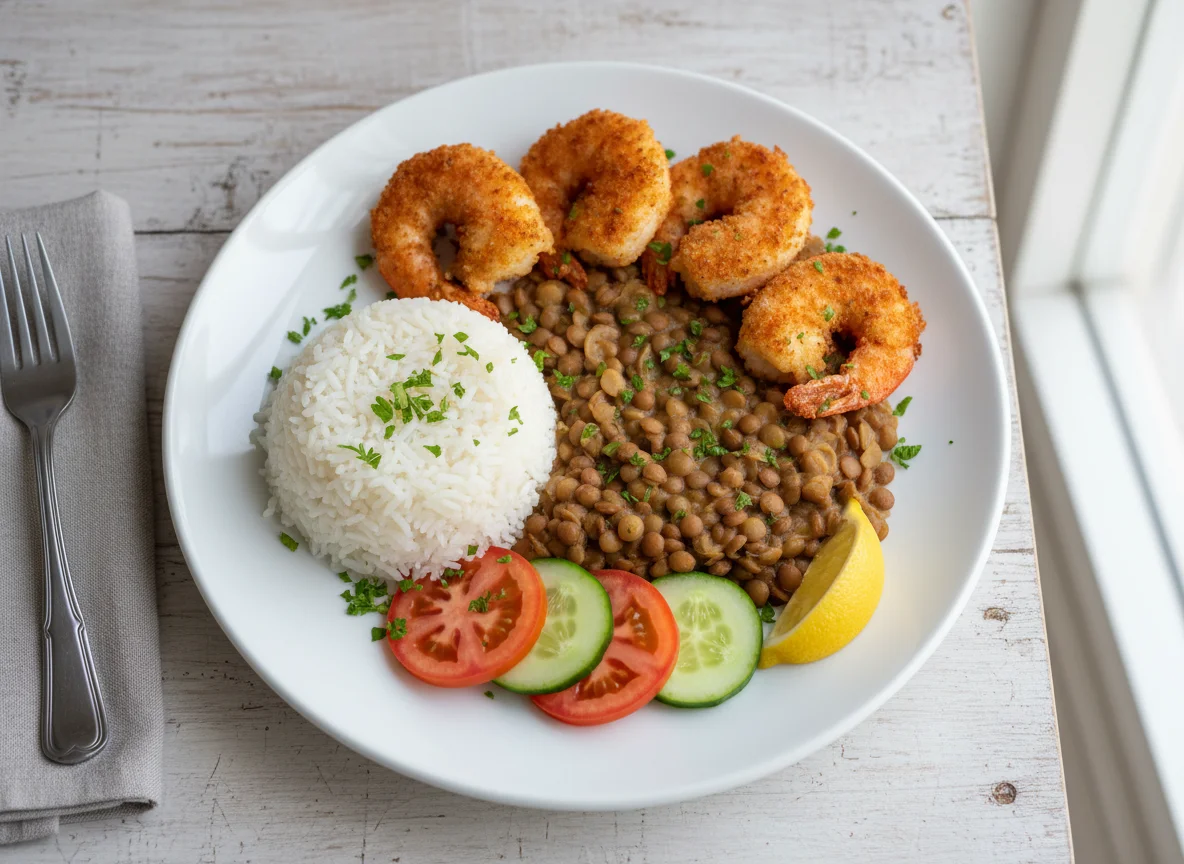 Arroz con menestra y camarones apanados photo