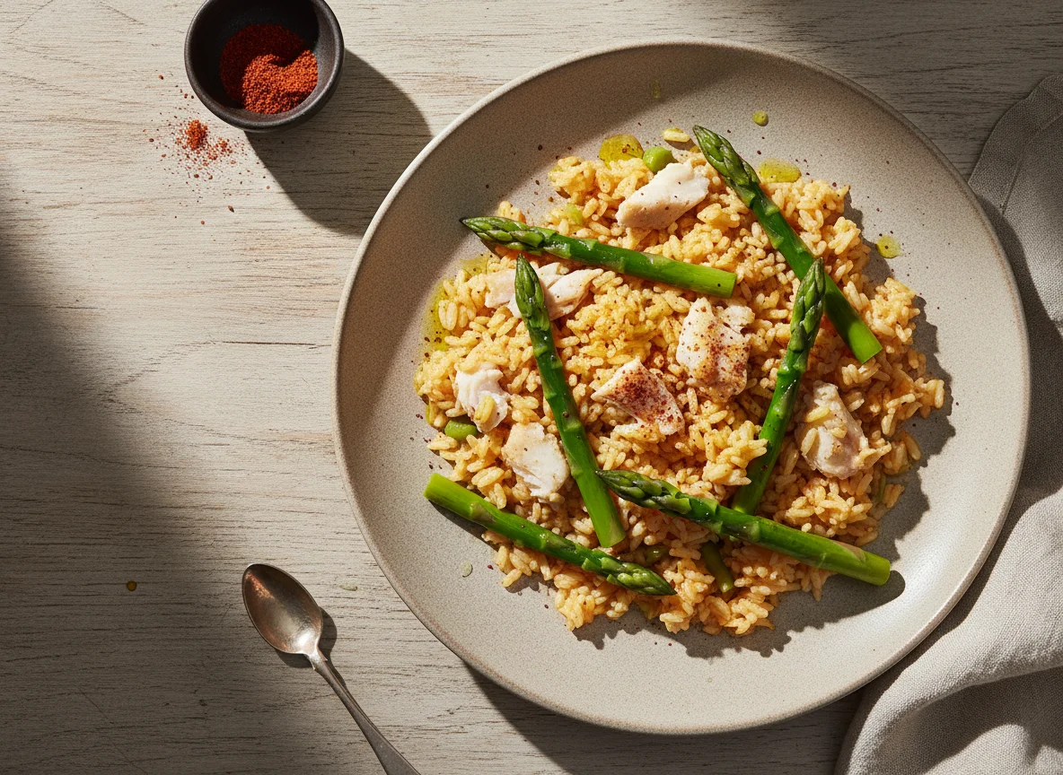 Arroz con merluza y espárragos photo