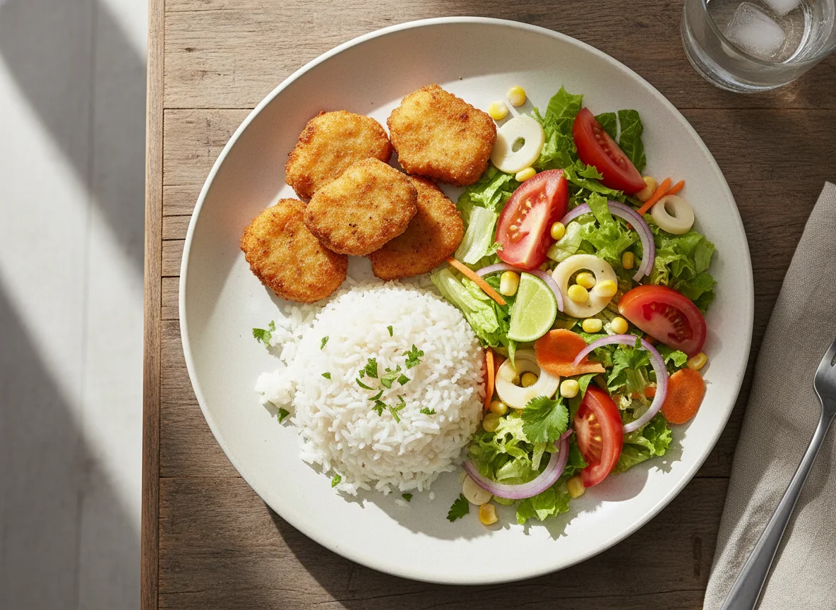 Arroz con nuggets y ensalada photo