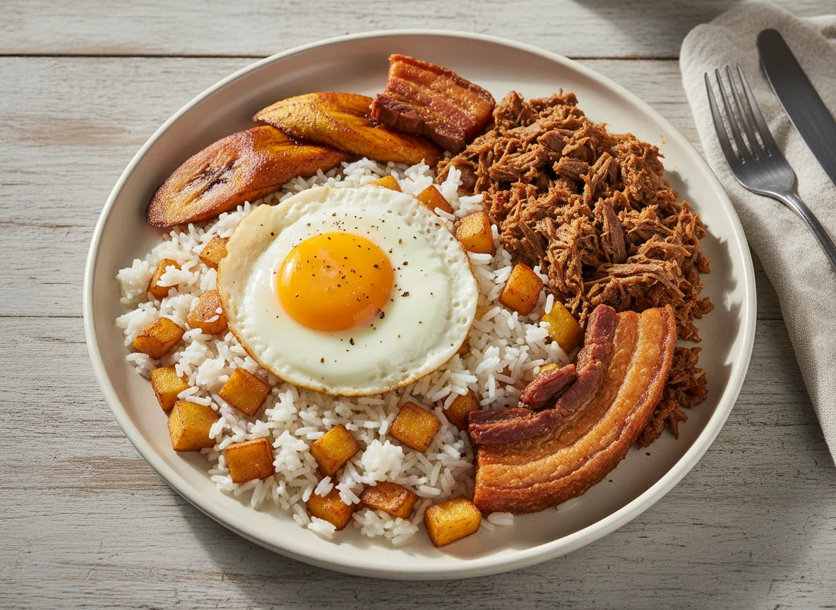 Arroz con papa, plátano, carne desmechada, huevo frito y chicharrón photo