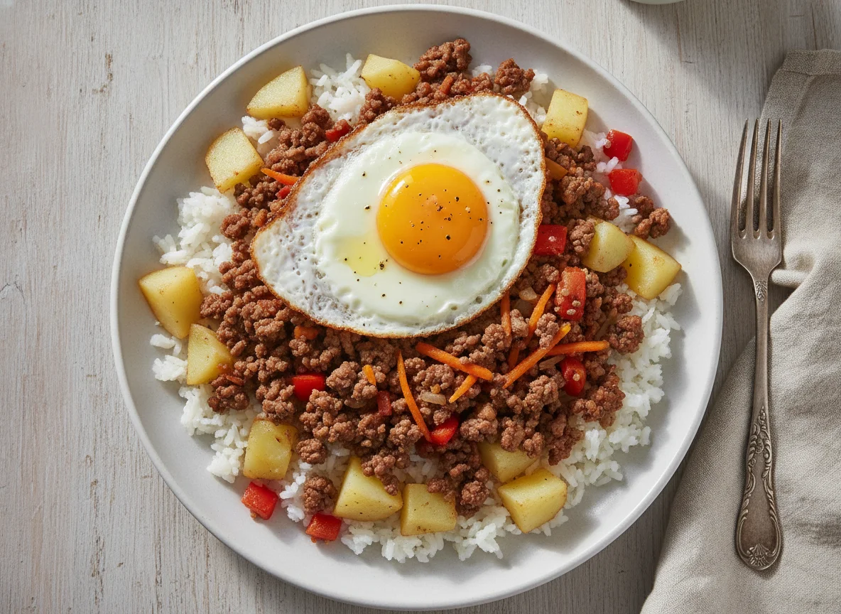 Arroz con papas, carne molida y huevo frito photo