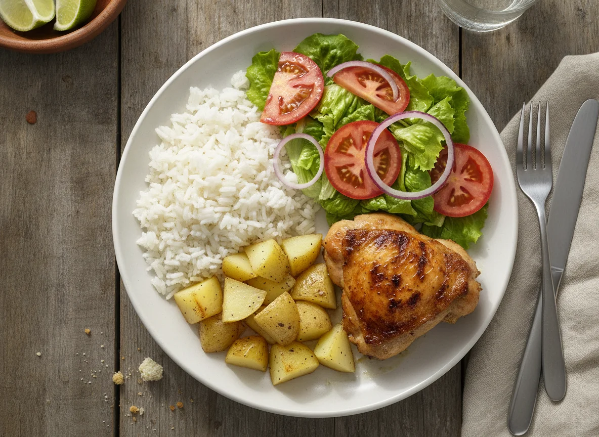 Arroz con papas, pollo y ensalada mixta photo