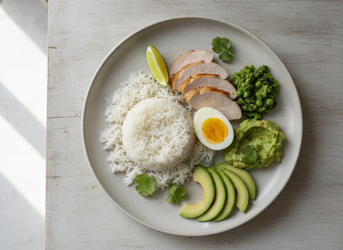 Arroz con pavo, huevo cocido y aguacate photo