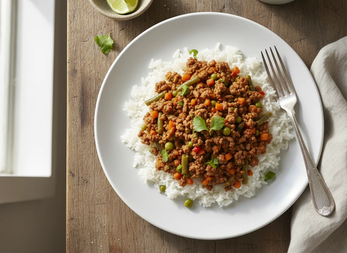 Arroz con picadillo de carne molida y vegetales photo