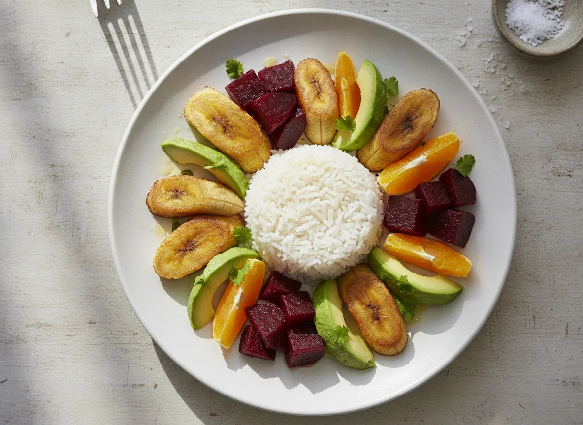Arroz con plátano, aguacate y remolacha photo