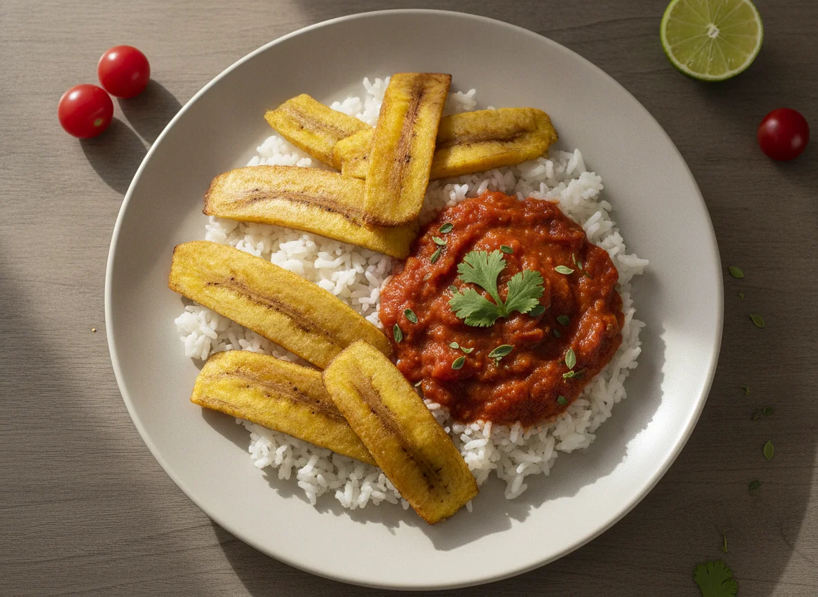 Arroz con plátano frito y salsa de tomate photo