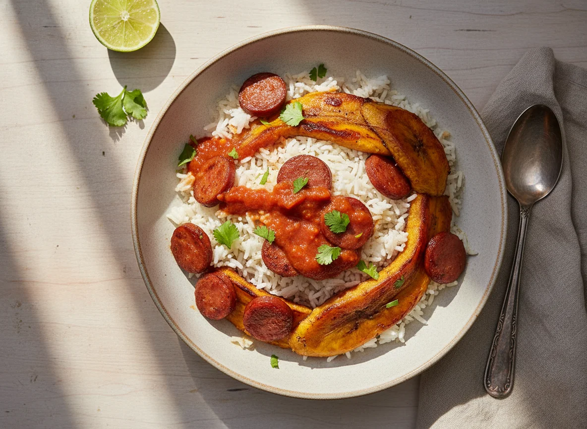Arroz con plátano maduro y chorizo photo