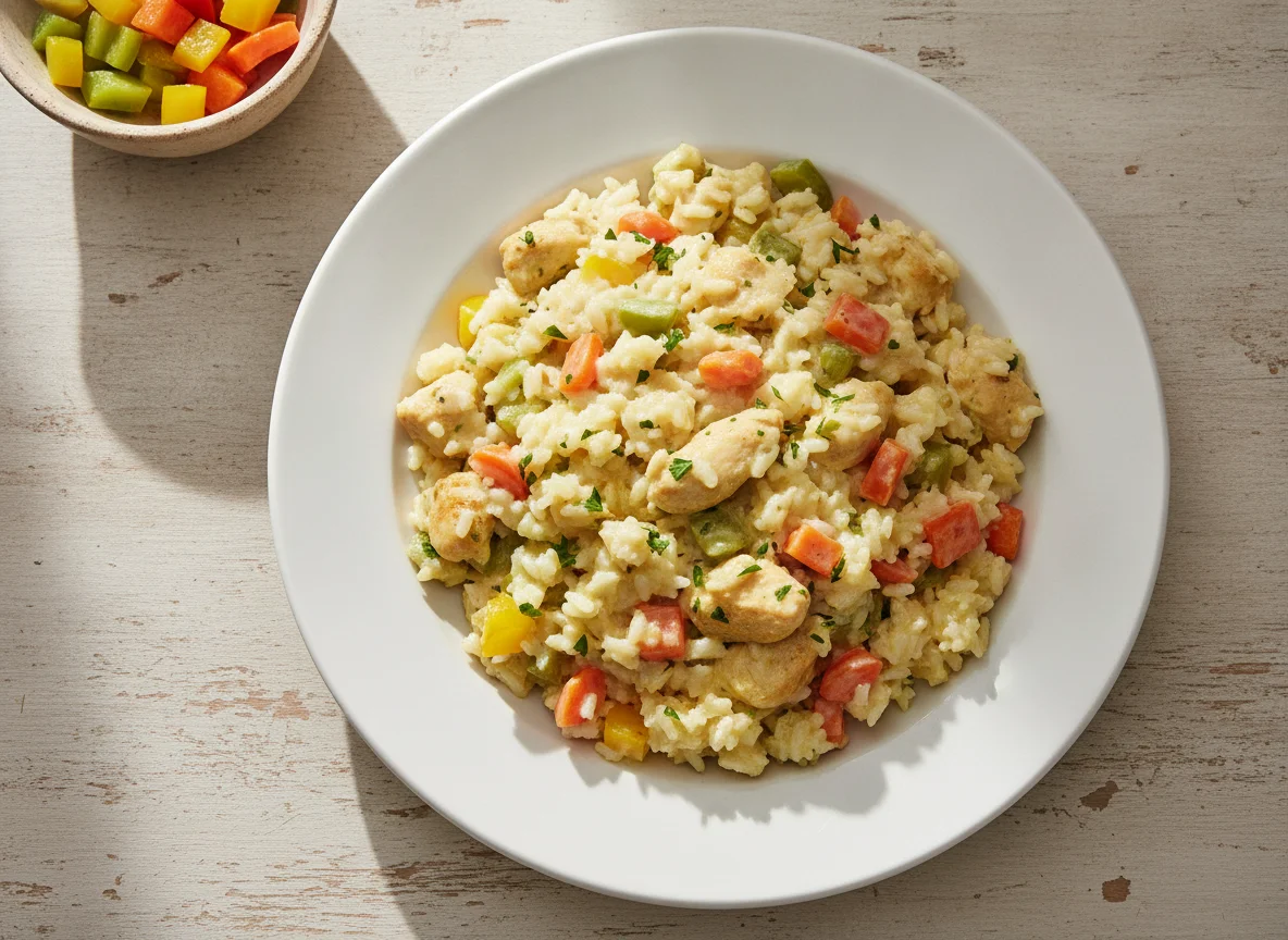 Arroz con pollo a la crema y vegetales photo