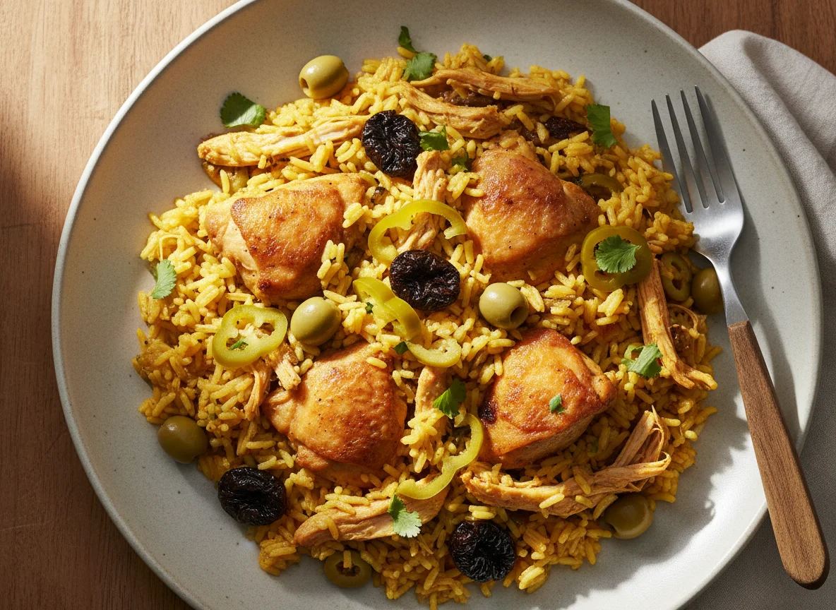 Arroz con pollo, aceitunas y pimientos photo