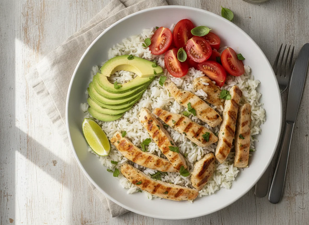 Arroz con pollo, aguacate y tomate photo