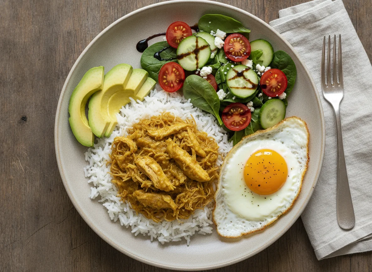Arroz con pollo al curry, huevo frito, aguacate y ensalada photo
