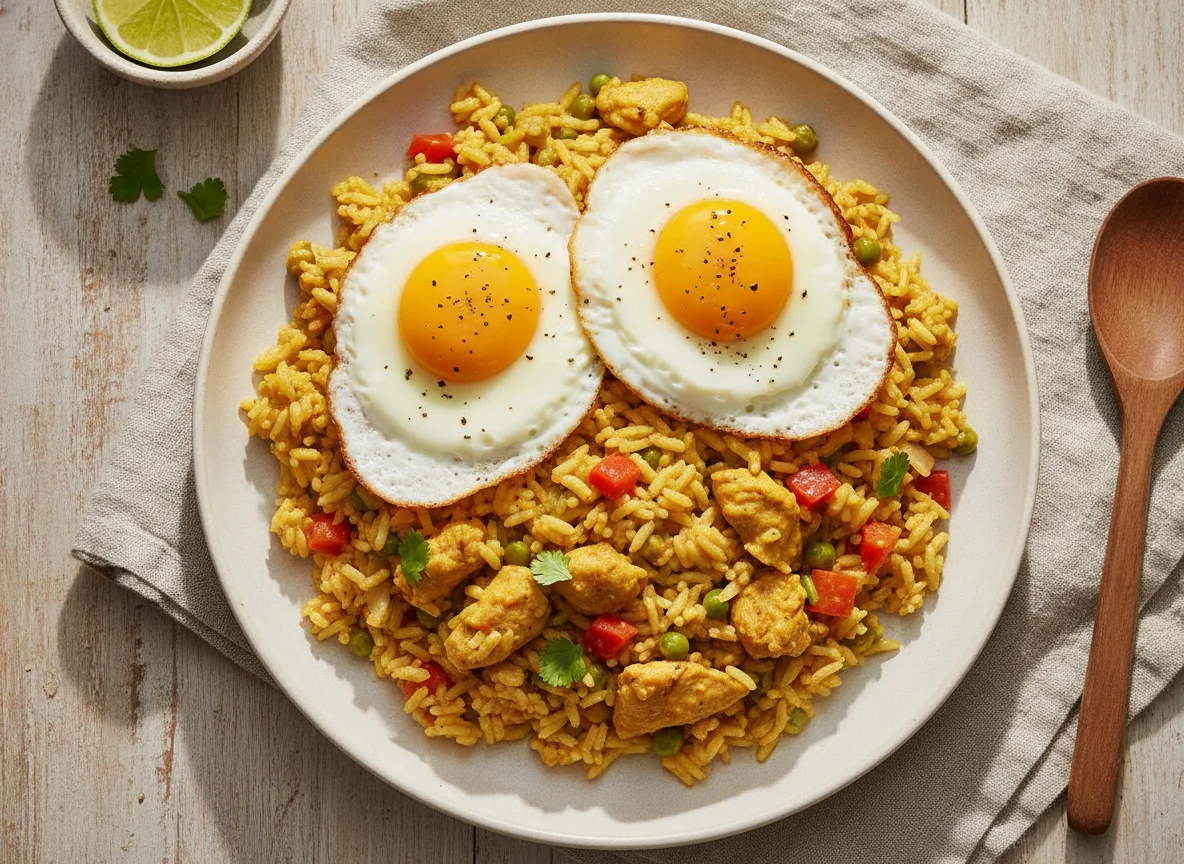 Arroz con pollo al curry y huevos fritos photo