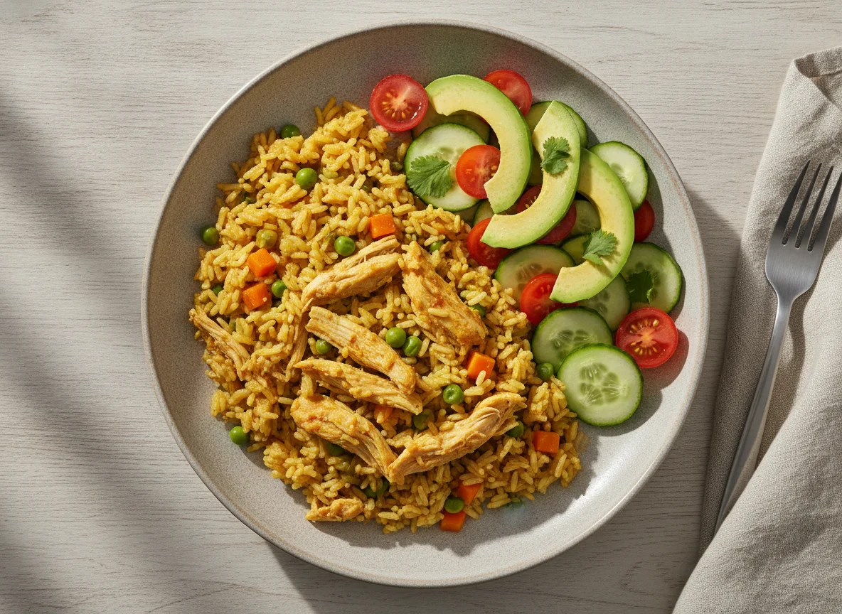 Arroz con pollo colombiano y ensalada de aguacate con tomate photo