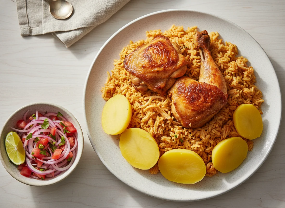 Arroz con Pollo con Papa y Salsa Criolla photo