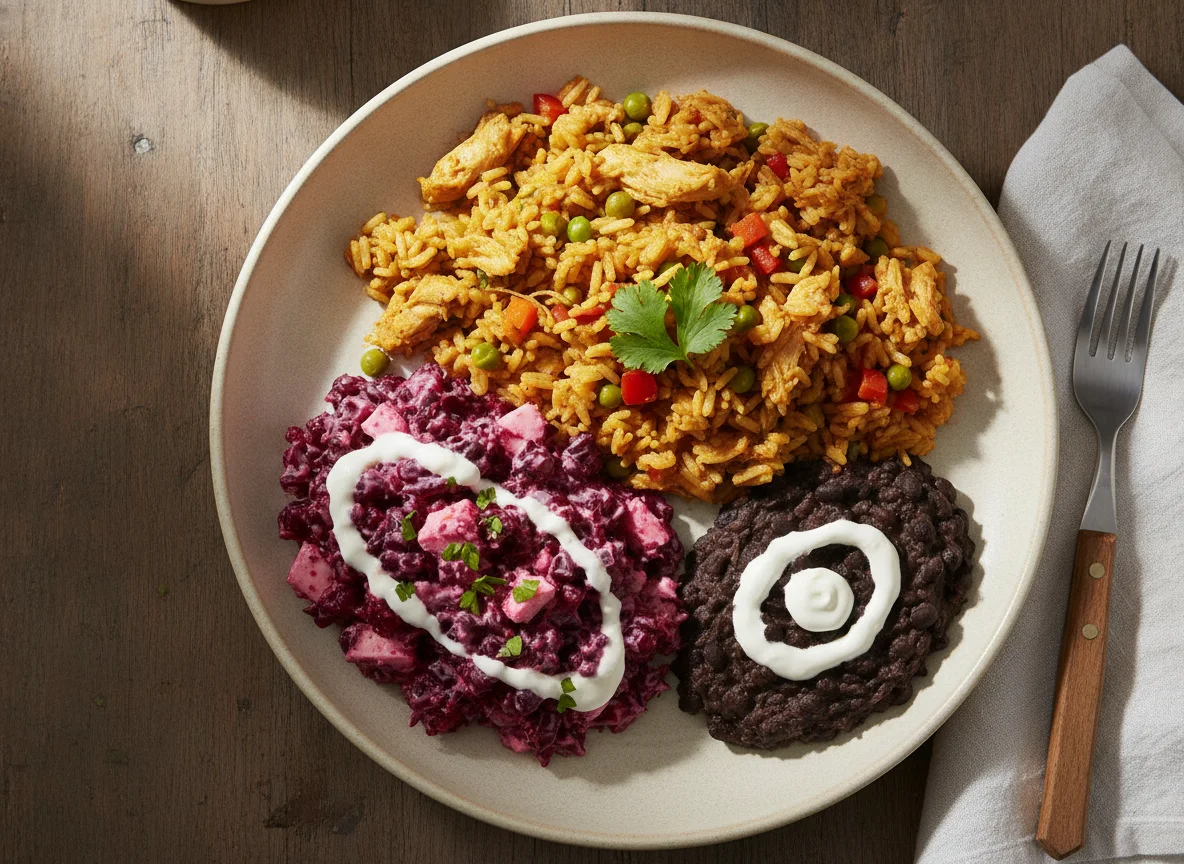 Arroz con pollo costarricense con ensalada de remolacha y frijoles molidos photo