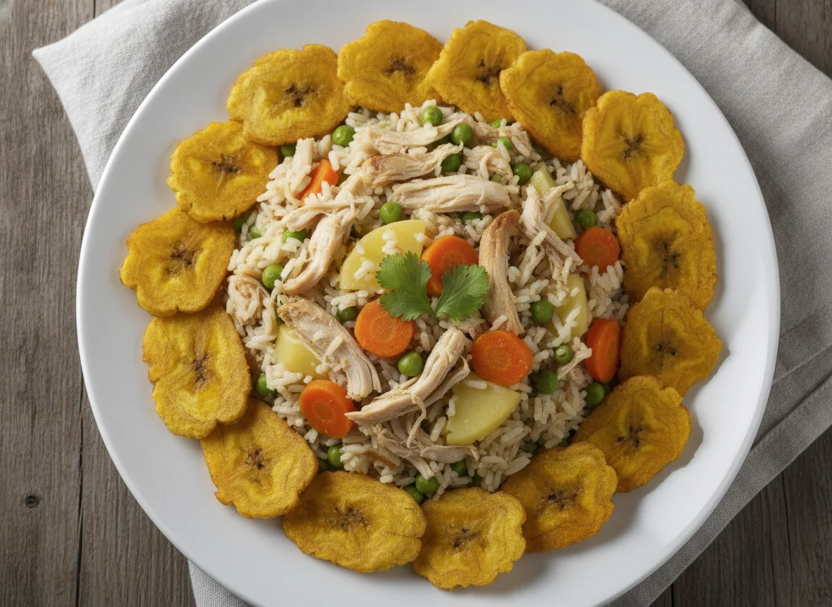 Arroz con pollo desmechado, arvejas y patacón photo