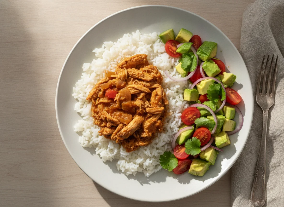Arroz con pollo desmechado y ensalada de aguacate photo