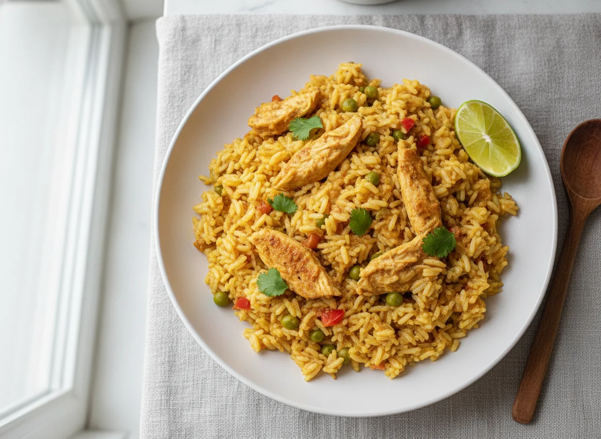 Arroz con pollo desmenuzado photo