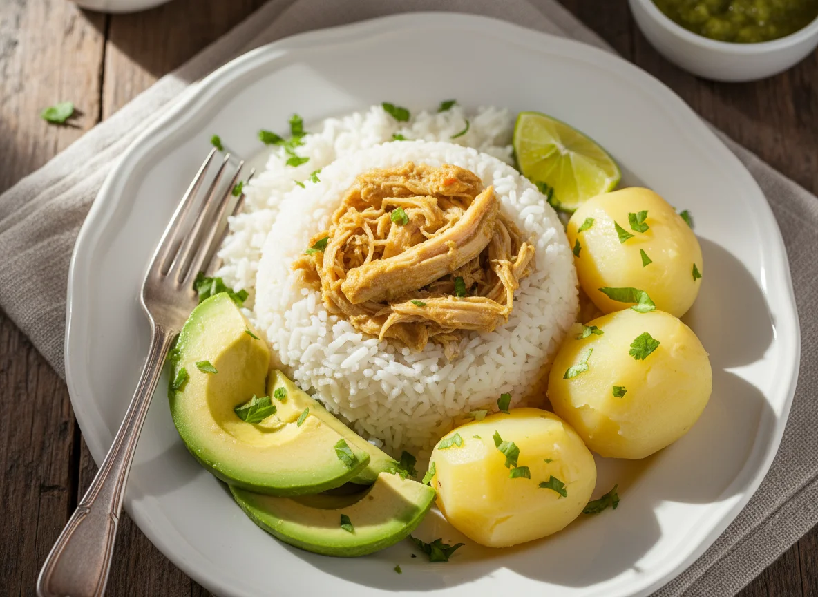 Arroz con pollo desmenuzado, palta y papas sancochadas photo