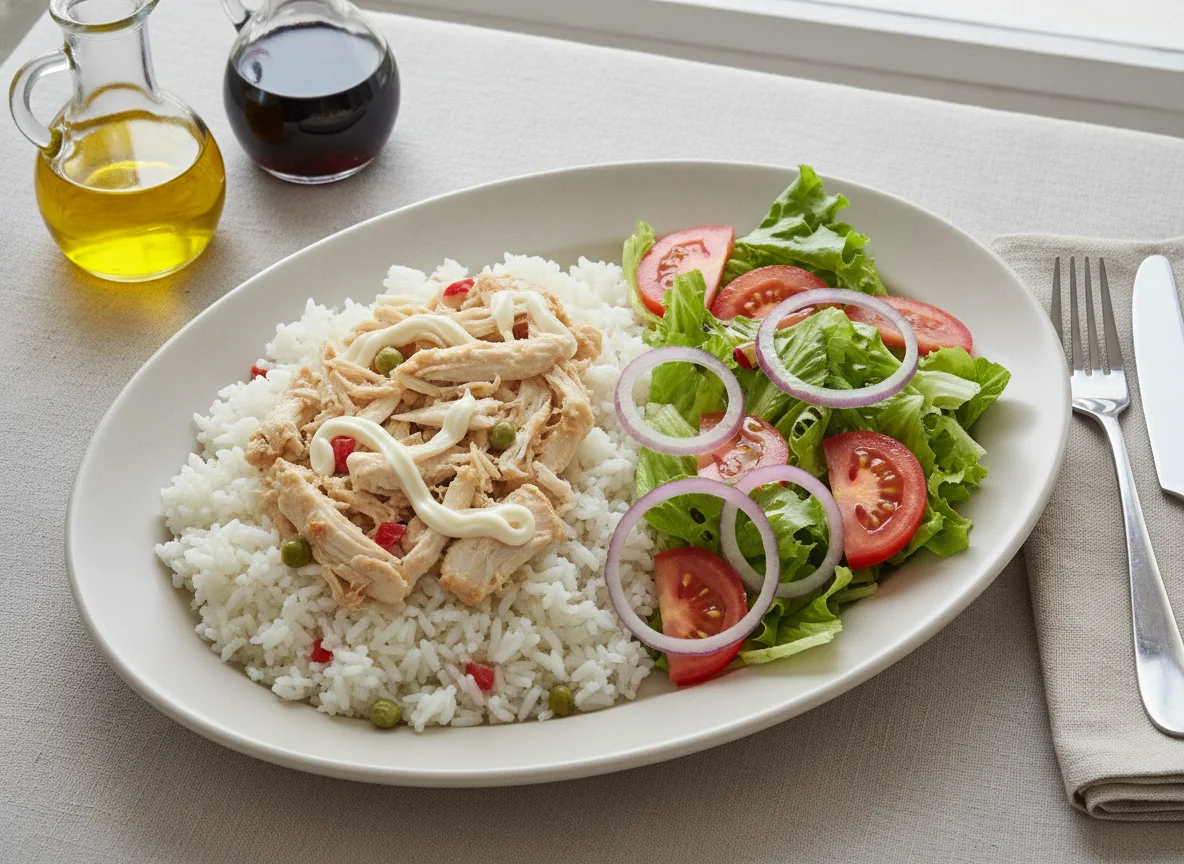 Arroz con pollo desmenuzado y ensalada photo