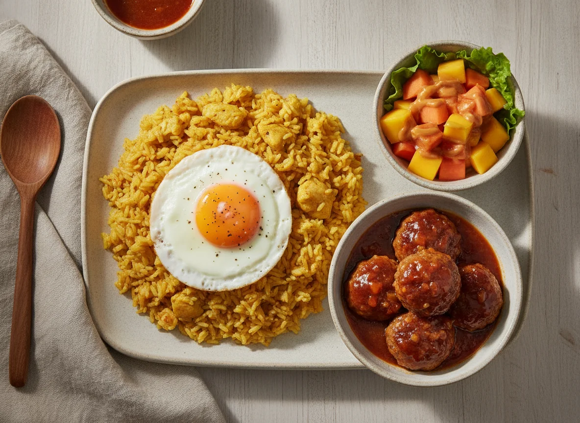 Arroz con pollo, ensalada de frutas y albóndigas photo