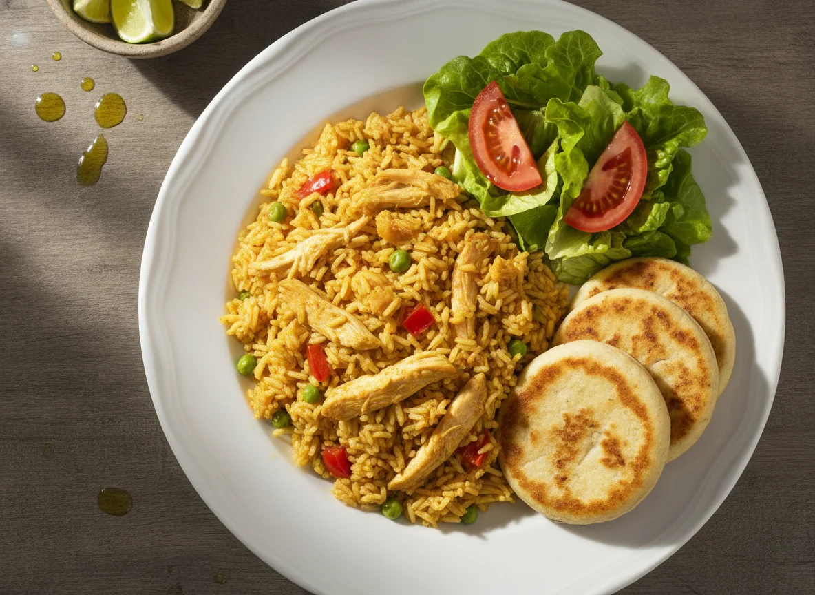 Arroz con pollo, ensalada y arepas photo
