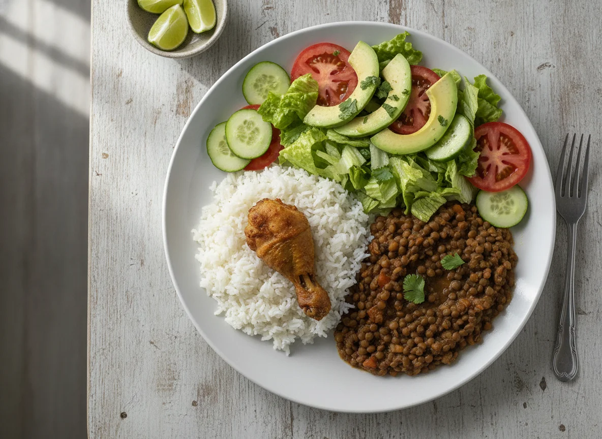Arroz con pollo, ensalada y lentejas photo